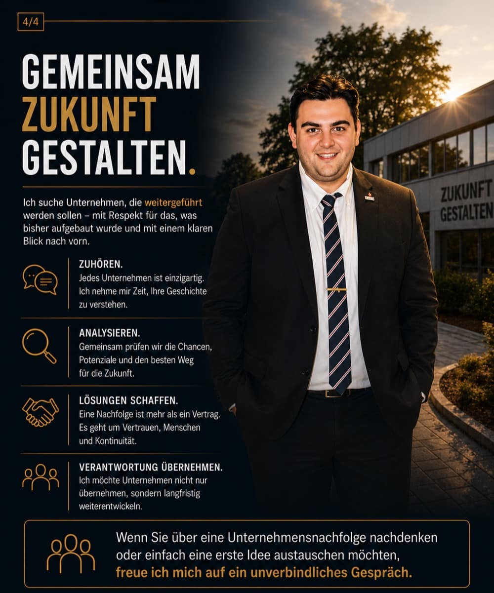 Tafel: Gemeinsam Zukunft gestalten. Jonas Schmitz vor einem Firmengebäude, daneben vier Schritte: Zuhören, Analysieren, Lösungen schaffen, Verantwortung übernehmen.